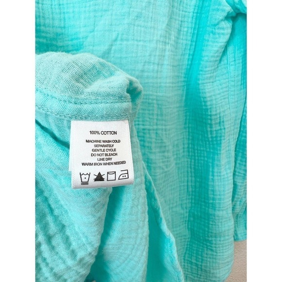 Foxcroft Womens Size Medium Textured Cotton Button Front Aqua Ruched Sleeve Blue - Picture 5 of 6